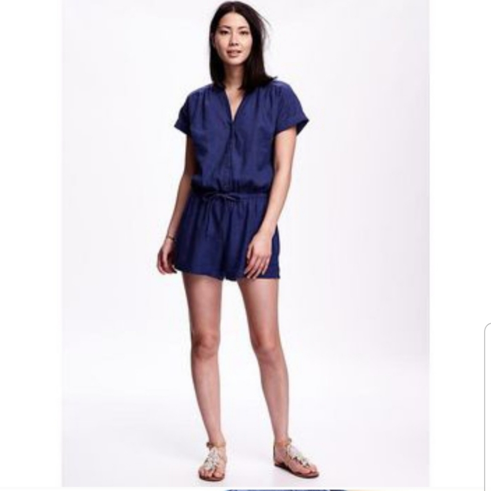 Old Navy Blue Linen Button Front Drawstring Romper - image 1